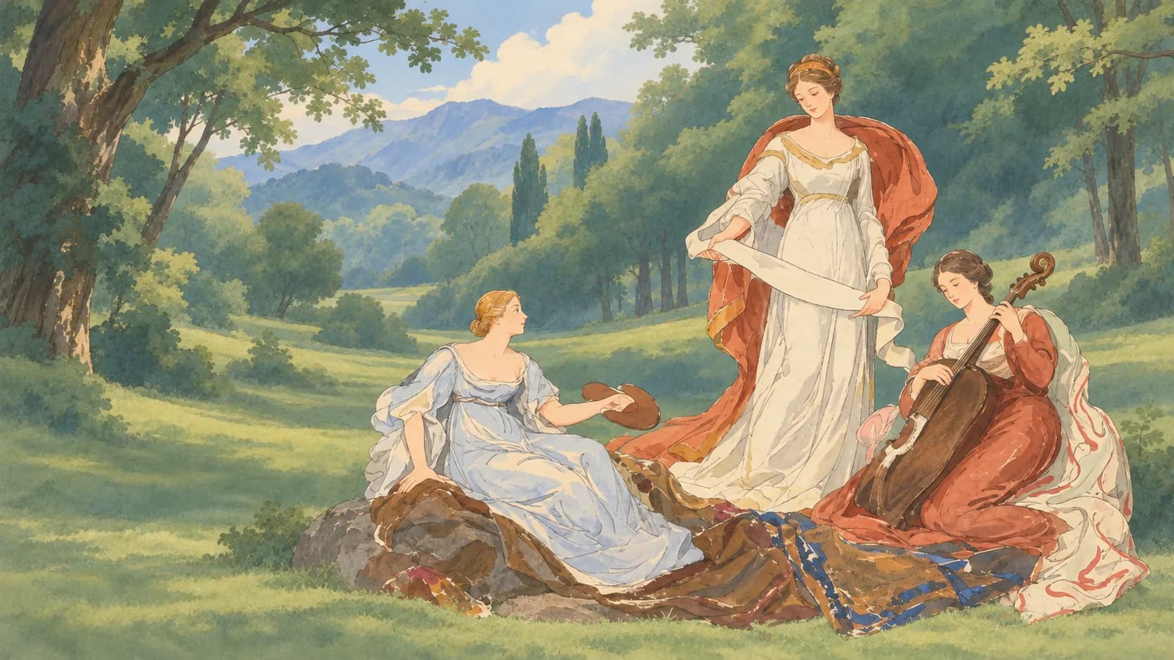 A Ghibli-style hand-drawn AI remix of Marie Bracquemond’s Study for “The Muses of the Arts”