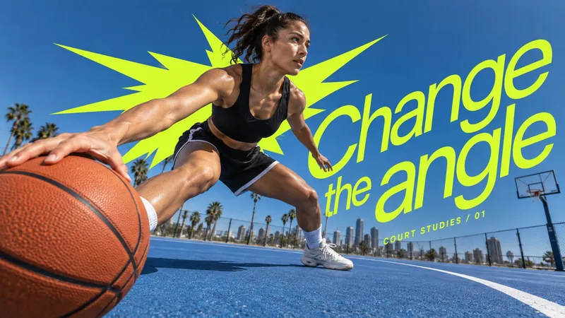 Sports poster: a female basketball player lunges with the ball close to the lens, an acid-green burst behind her and the slanted headline Change the angle over a blue court with palm trees (landscape)