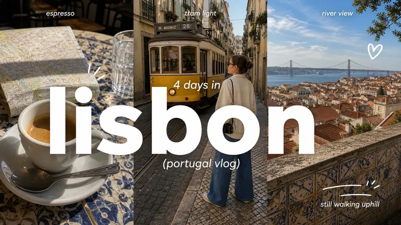Travel vlog thumbnail: a triptych of an espresso, a street with a yellow tram and a river view, with the large white word lisbon and the small lines 4 days in and portugal vlog (landscape)