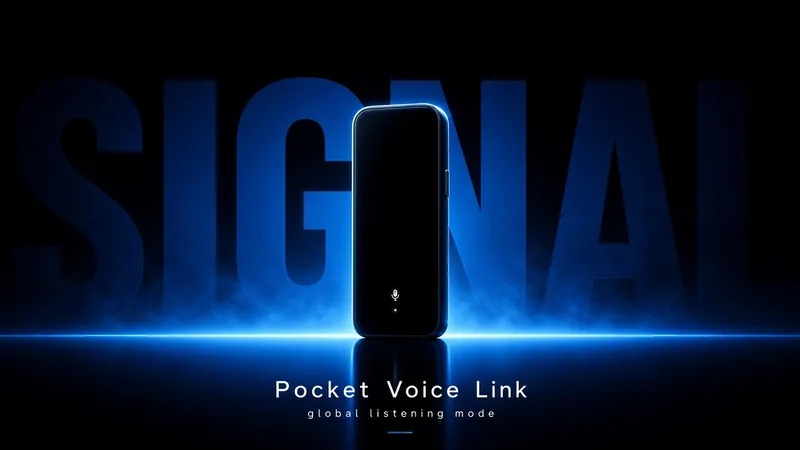 Product launch poster: a phone outlined in electric-blue light on black, in front of the huge dark-blue word SIGNAL, with Pocket Voice Link below (landscape)
