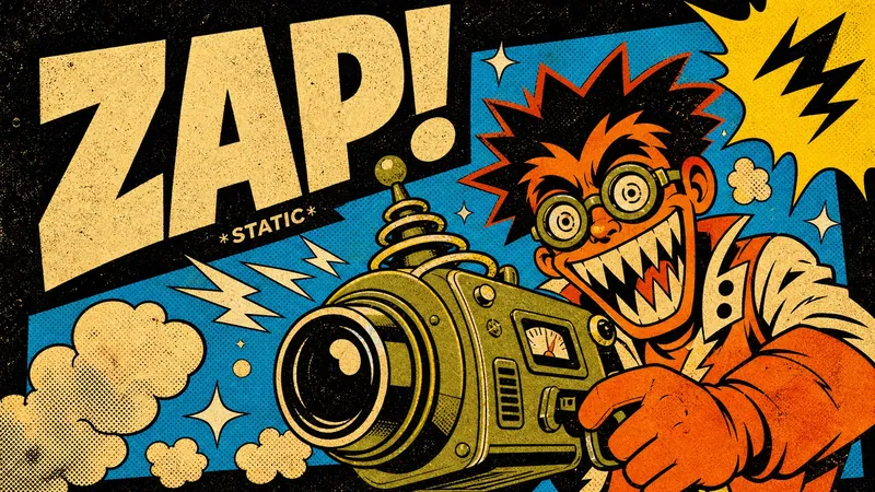 Halftone comic poster: a grinning mad scientist in goggles points a retro camera, with the big word ZAP!, lightning bolts and cloud bursts behind him (landscape)