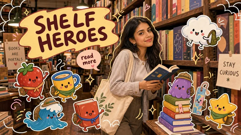 Bookshop snapshot: a young woman holds a book in front of the shelves, surrounded by hand-drawn mascot doodles such as a strawberry, a cup, a star and little book characters, under the title SHELF HEROES (landscape)