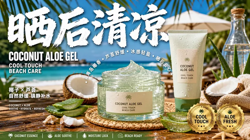 Product ad: a coconut aloe after-sun gel on a sunny beach with coconuts, aloe leaves and ice, under the Chinese headline 晒后清凉 and COCONUT ALOE GEL (landscape)