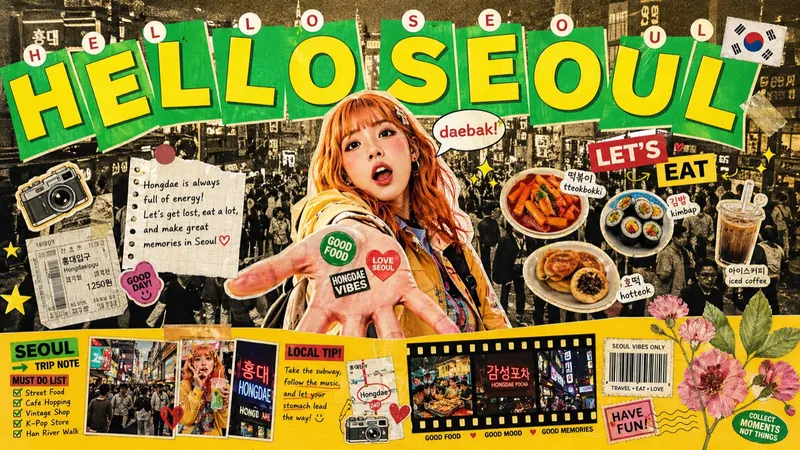Seoul travel collage poster: a girl with orange hair reaches toward the camera under the headline HELLO SEOUL, surrounded by Hongdae street scenes and stickers of tteokbokki, kimbap, hotteok and iced coffee (landscape)