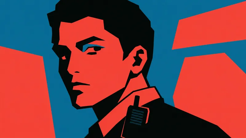 Tri-color hard-cut portrait poster: a man's face and shoulders cut from flat red, black and blue shapes (landscape)